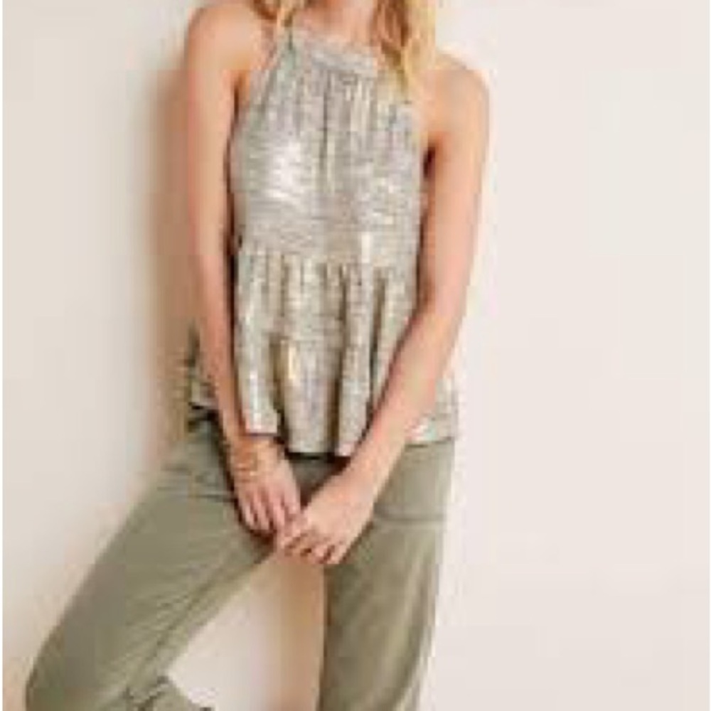 NWT L Anthropologie Sundays in Brooklyn Women's Sleeveless Ruffle Top Gold - Picture 2 of 5